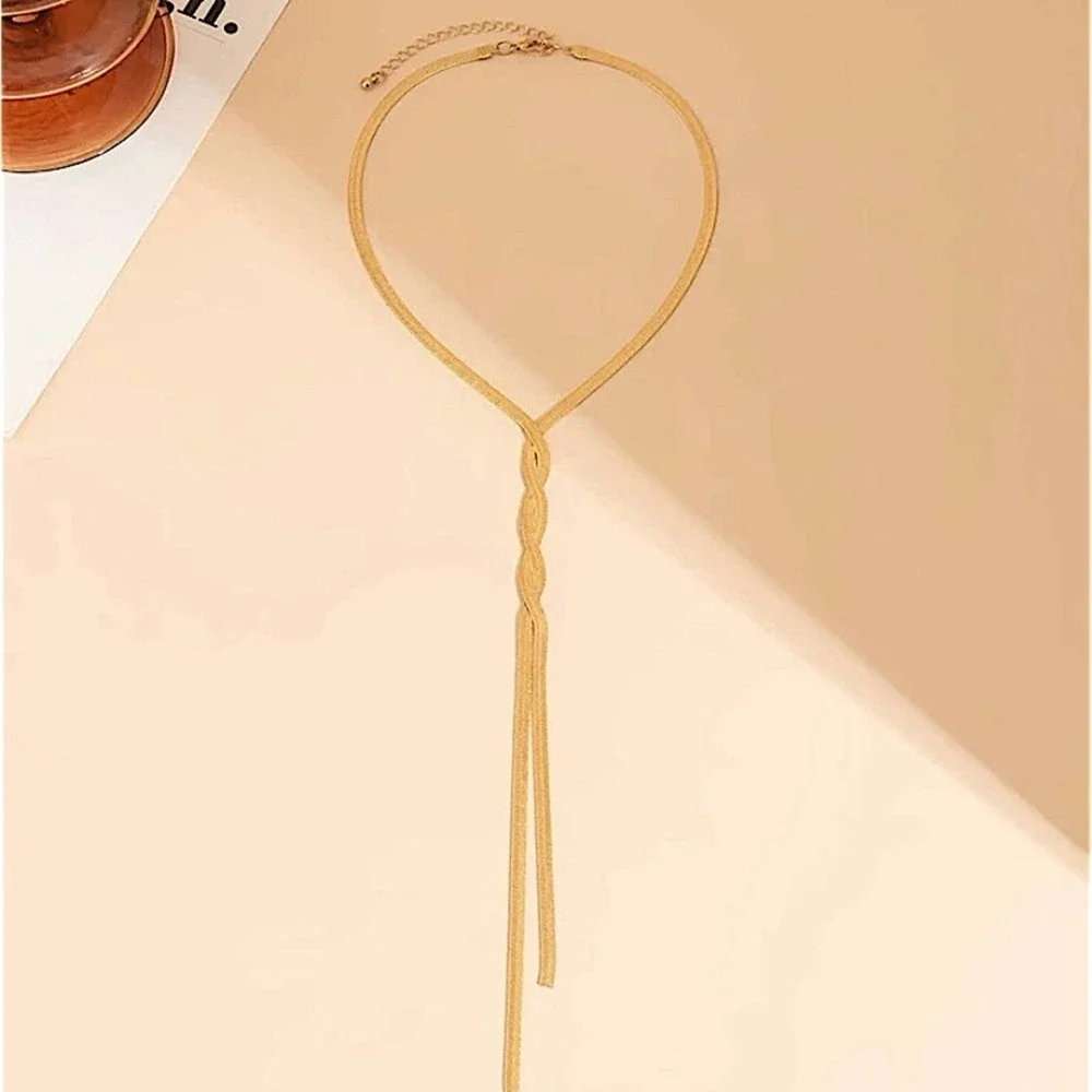 Y Lariat Gold Plated Snake Herringbone Twisted Tassel Necklace - Picture 8 of 13